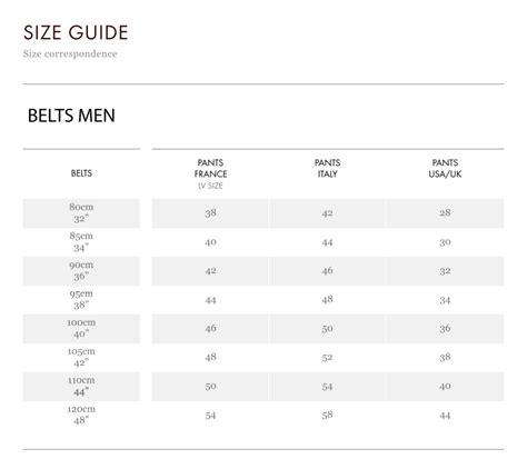 lv belt size chart men's